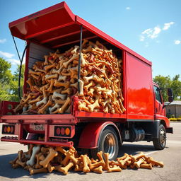 A vibrant scene featuring a cargo truck overflowing with an assortment of dog bones in various sizes and shapes, parked in a sunny outdoor setting