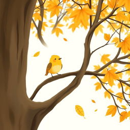 A close-up of a cute little yellow bird perched on the bare, smooth branches of an ancient tree, surrounded by a serene autumn atmosphere with a few leaves gently floating through the air