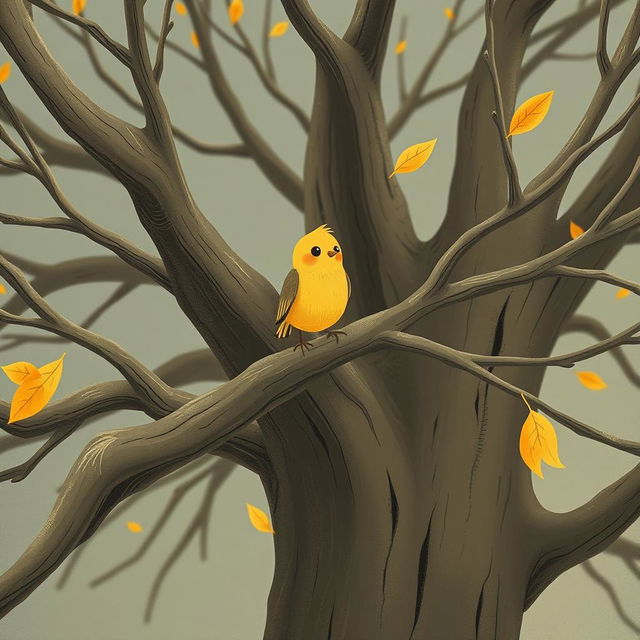 A close-up of a cute little yellow bird perched on the bare, smooth branches of an ancient tree, surrounded by a serene autumn atmosphere with a few leaves gently floating through the air