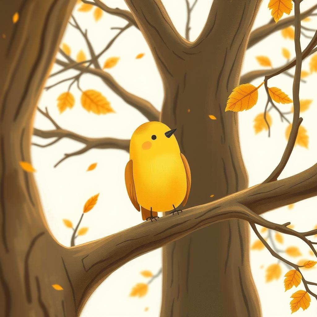 A close-up of a cute little yellow bird perched on the bare, smooth branches of an ancient tree, surrounded by a serene autumn atmosphere with a few leaves gently floating through the air