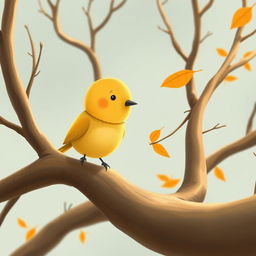 A close-up of a cute little yellow bird perched on the bare, smooth branches of an ancient tree, surrounded by a serene autumn atmosphere with a few leaves gently floating through the air