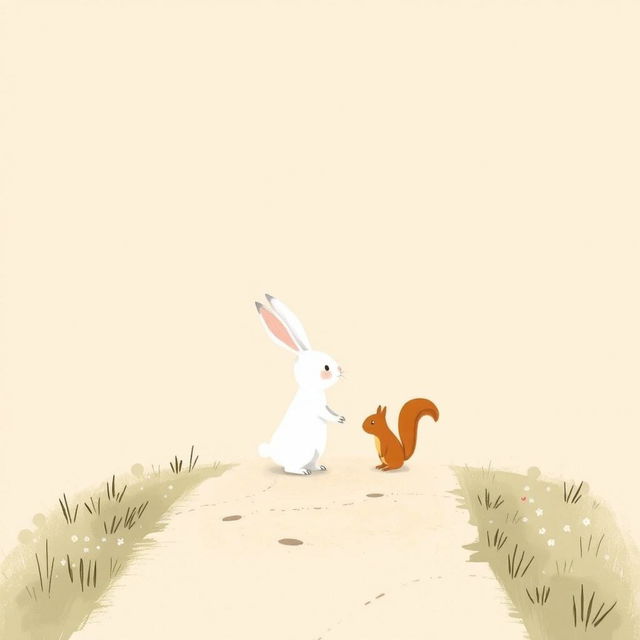 A small white rabbit encountering a cute little squirrel on a lonely path