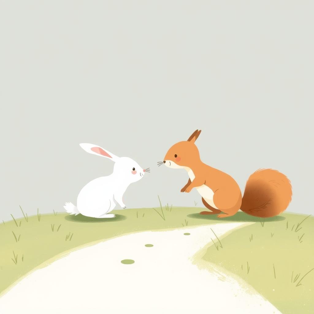 A small white rabbit encountering a cute little squirrel on a lonely path