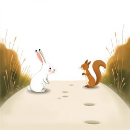A small white rabbit encountering a cute little squirrel on a lonely path