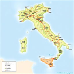A detailed map of Italy excluding the regions of Sicily, Calabria, Basilicata, Campania, and Puglia, showcasing only the mainland and the island of Sardinia