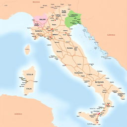 A detailed map of Italy excluding the regions of Sicily, Calabria, Basilicata, Campania, and Puglia, showcasing only the mainland and the island of Sardinia