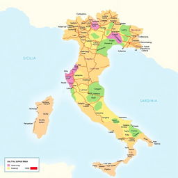 A detailed map of Italy excluding the regions of Sicily, Calabria, Basilicata, Campania, and Puglia, showcasing only the mainland and the island of Sardinia