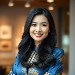 A portrait of an elegant Asian woman in her 30s, with long, flowing black hair and a confident smile