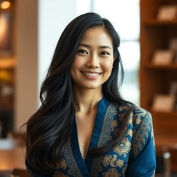 A portrait of an elegant Asian woman in her 30s, with long, flowing black hair and a confident smile