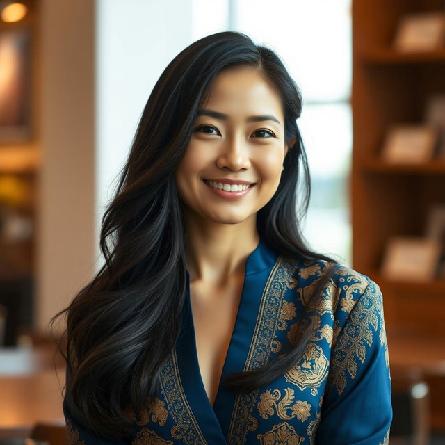 A portrait of an elegant Asian woman in her 30s, with long, flowing black hair and a confident smile
