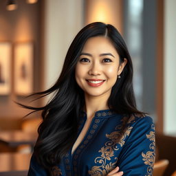 A portrait of an elegant Asian woman in her 30s, with long, flowing black hair and a confident smile