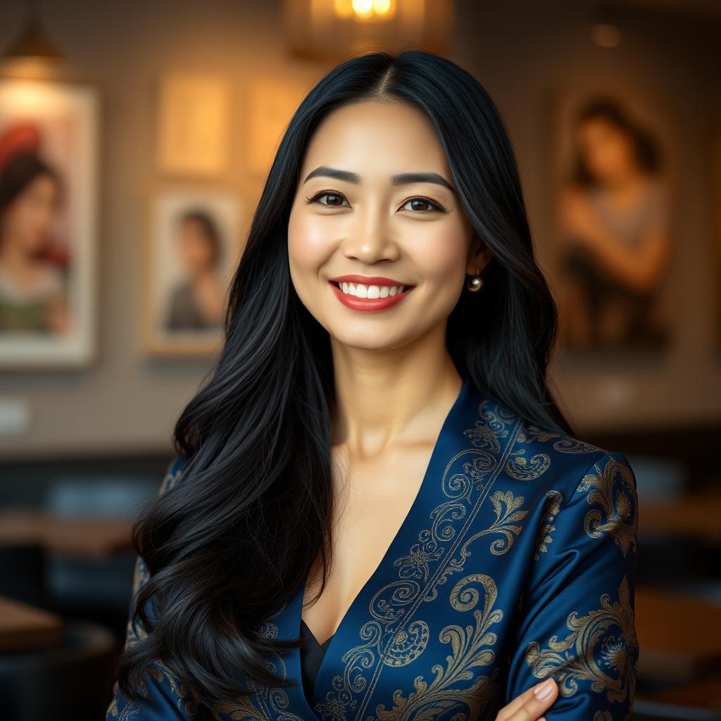 A portrait of an elegant Asian woman in her 30s, with long, flowing black hair and a confident smile