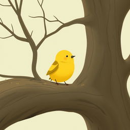 A close-up of a cute little yellow bird perched on the smooth, bare branches of an ancient tree
