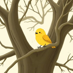 A close-up of a cute little yellow bird perched on the smooth, bare branches of an ancient tree