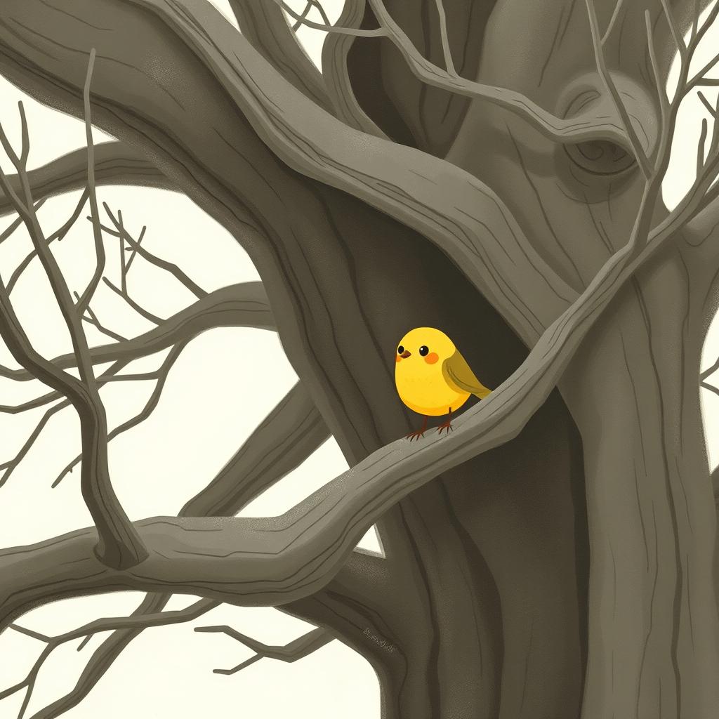 A close-up of a cute little yellow bird perched on the smooth, bare branches of an ancient tree