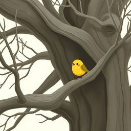 A close-up of a cute little yellow bird perched on the smooth, bare branches of an ancient tree