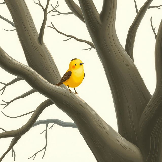 A close-up of a cute little yellow bird perched on the smooth, bare branches of an ancient tree