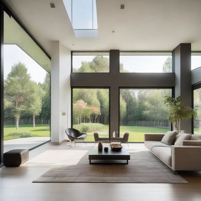 A modern house with sleek lines, large windows, minimalist aesthetics, and stylish furniture. The house should be in an open environment with abundant natural light.