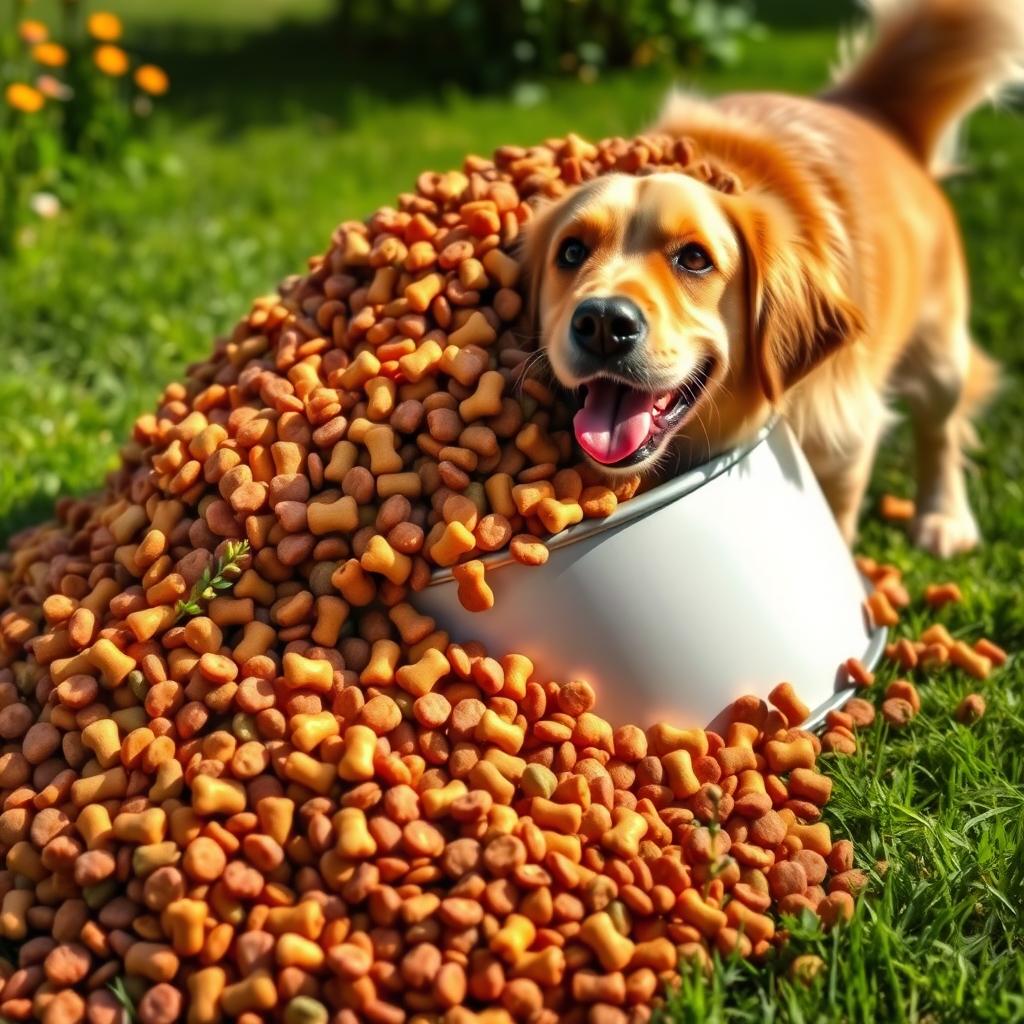 A visually striking image featuring a large pile of colorful, kibble-style dog food spilling out of an oversized dog bowl, set against a bright and sunny outdoor background with lush green grass and flowers