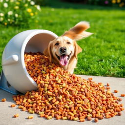 A visually striking image featuring a large pile of colorful, kibble-style dog food spilling out of an oversized dog bowl, set against a bright and sunny outdoor background with lush green grass and flowers