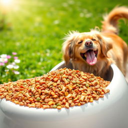 A visually striking image featuring a large pile of colorful, kibble-style dog food spilling out of an oversized dog bowl, set against a bright and sunny outdoor background with lush green grass and flowers