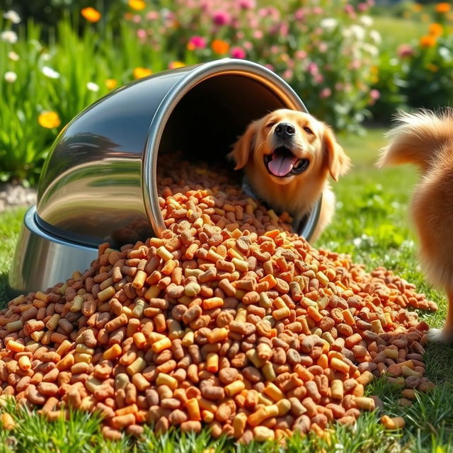 A visually striking image featuring a large pile of colorful, kibble-style dog food spilling out of an oversized dog bowl, set against a bright and sunny outdoor background with lush green grass and flowers