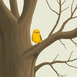 A close-up of a cute little yellow bird perched on the bare, smooth branches of an ancient tree