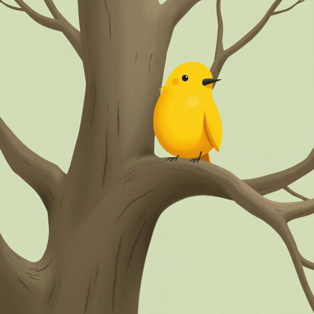 A close-up of a cute little yellow bird perched on the bare, smooth branches of an ancient tree