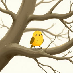 A close-up of a cute little yellow bird perched on the bare, smooth branches of an ancient tree