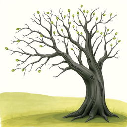An old tree with bare branches that are smooth and stark, featuring green buds beginning to sprout at the tips of the branches