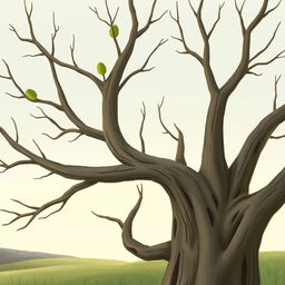 An old tree with bare branches that are smooth and stark, featuring green buds beginning to sprout at the tips of the branches