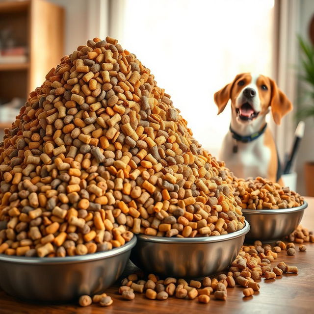 An eye-catching image depicting an enormous mound of assorted dog food, overflowing from multiple large bowls placed atop a wooden table