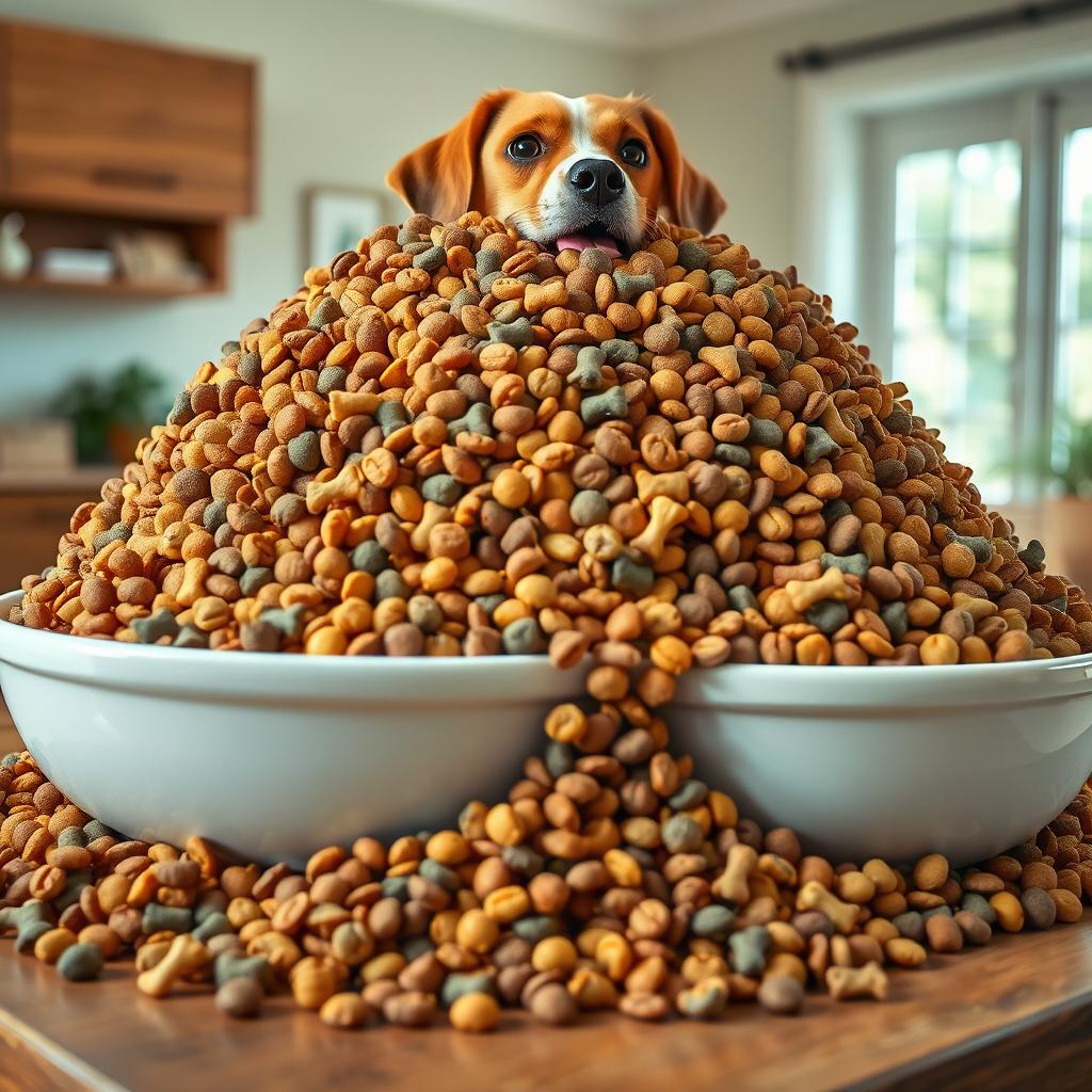 An eye-catching image depicting an enormous mound of assorted dog food, overflowing from multiple large bowls placed atop a wooden table