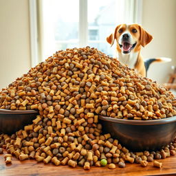 An eye-catching image depicting an enormous mound of assorted dog food, overflowing from multiple large bowls placed atop a wooden table