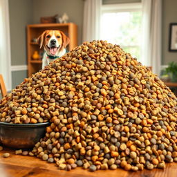 An eye-catching image depicting an enormous mound of assorted dog food, overflowing from multiple large bowls placed atop a wooden table