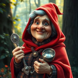 An imaginative reimagining of Grandma from Little Red Riding Hood, depicted as a whimsical character holding a shiny metal object, perhaps an ornate metal ladle or a vintage metal teapot
