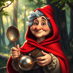 An imaginative reimagining of Grandma from Little Red Riding Hood, depicted as a whimsical character holding a shiny metal object, perhaps an ornate metal ladle or a vintage metal teapot
