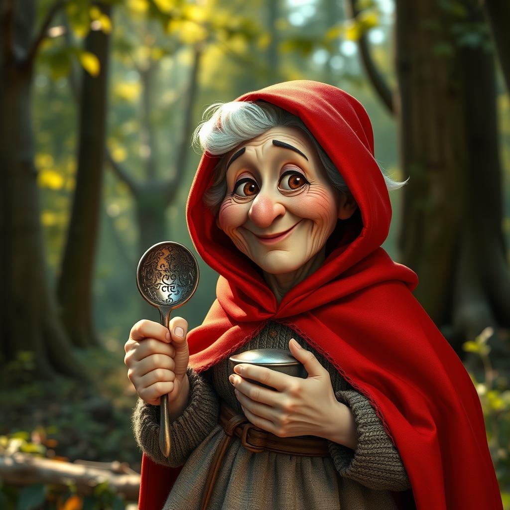 An imaginative reimagining of Grandma from Little Red Riding Hood, depicted as a whimsical character holding a shiny metal object, perhaps an ornate metal ladle or a vintage metal teapot