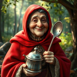 An imaginative reimagining of Grandma from Little Red Riding Hood, depicted as a whimsical character holding a shiny metal object, perhaps an ornate metal ladle or a vintage metal teapot