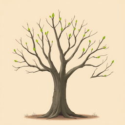 An old tree with stark, smooth branches that are bare except for the fresh green buds emerging at the tips