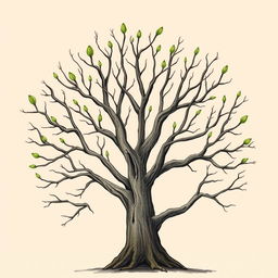 An old tree with stark, smooth branches that are bare except for the fresh green buds emerging at the tips