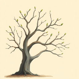An old tree with stark, smooth branches that are bare except for the fresh green buds emerging at the tips