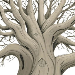 A close-up view of an ancient tree with smooth, bare branches, emphasizing its age and character