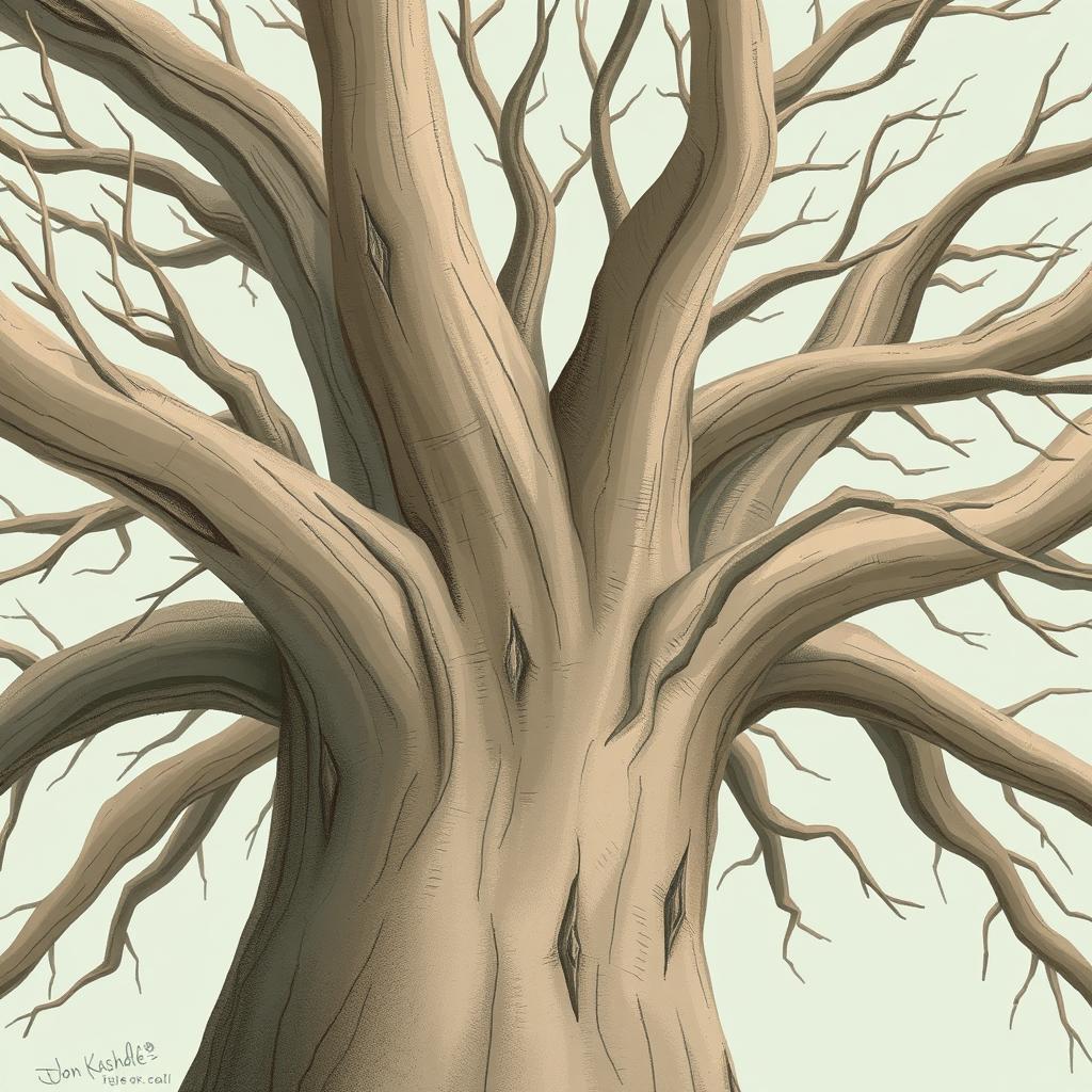 A close-up view of an ancient tree with smooth, bare branches, emphasizing its age and character