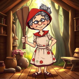 A whimsical and imaginative illustration of the grandma from Little Red Riding Hood, portrayed as an unexpected character