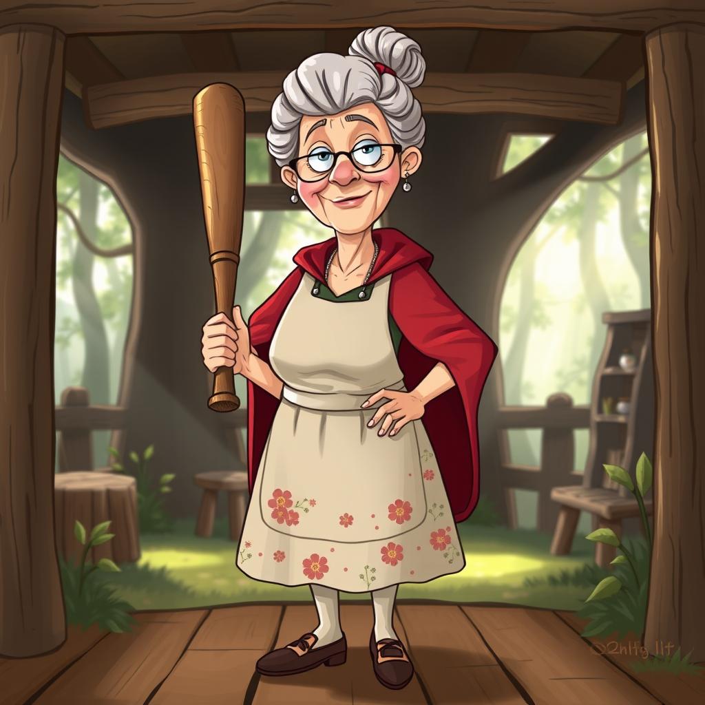 A whimsical and imaginative illustration of the grandma from Little Red Riding Hood, portrayed as an unexpected character