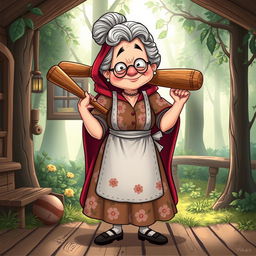 A whimsical and imaginative illustration of the grandma from Little Red Riding Hood, portrayed as an unexpected character