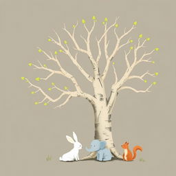 An old tree with stark, smooth branches, just beginning to sprout fresh green buds at the tips