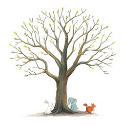 An old tree with stark, smooth branches, just beginning to sprout fresh green buds at the tips