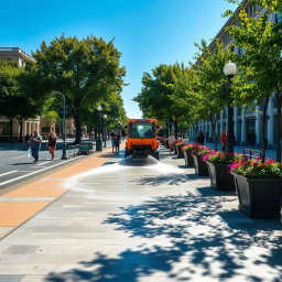 A serene city scene depicting a sidewalk being cleaned
